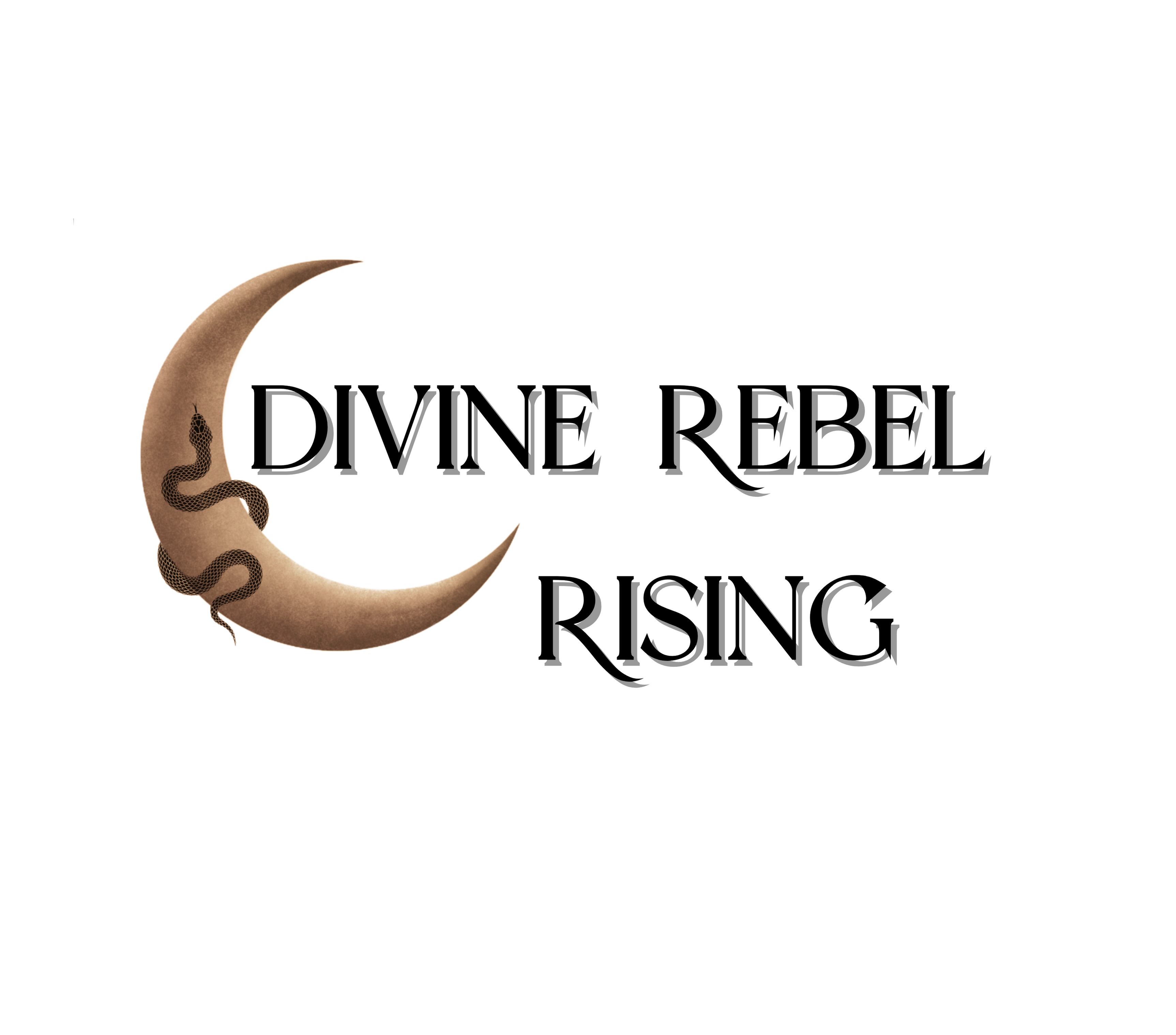 Divine Rebel Rising Logo of a waning crescent moon with a brown serpent wrapped around it